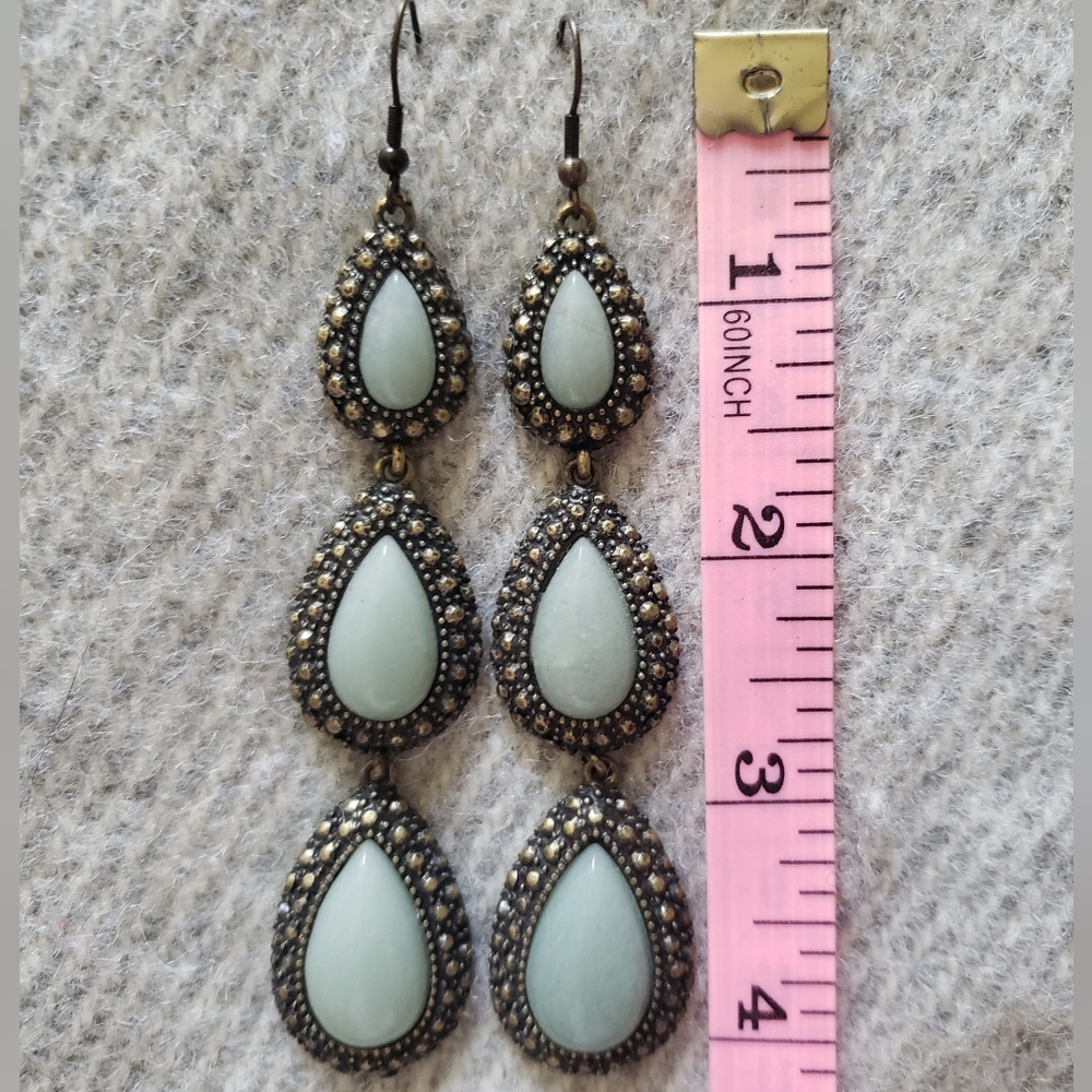 Gemstone Earrings, long teardrop pale green semi-precious bronze colour